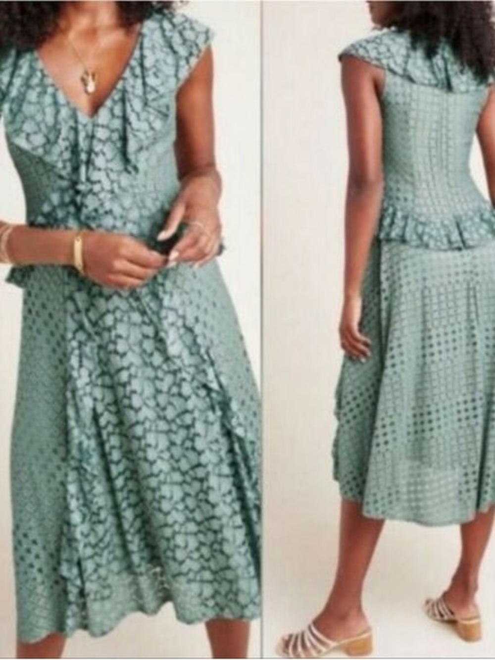 Anthropologie Antoinette Floral Lace Ruffled V Neck Midi Dress Mint Green Size 8